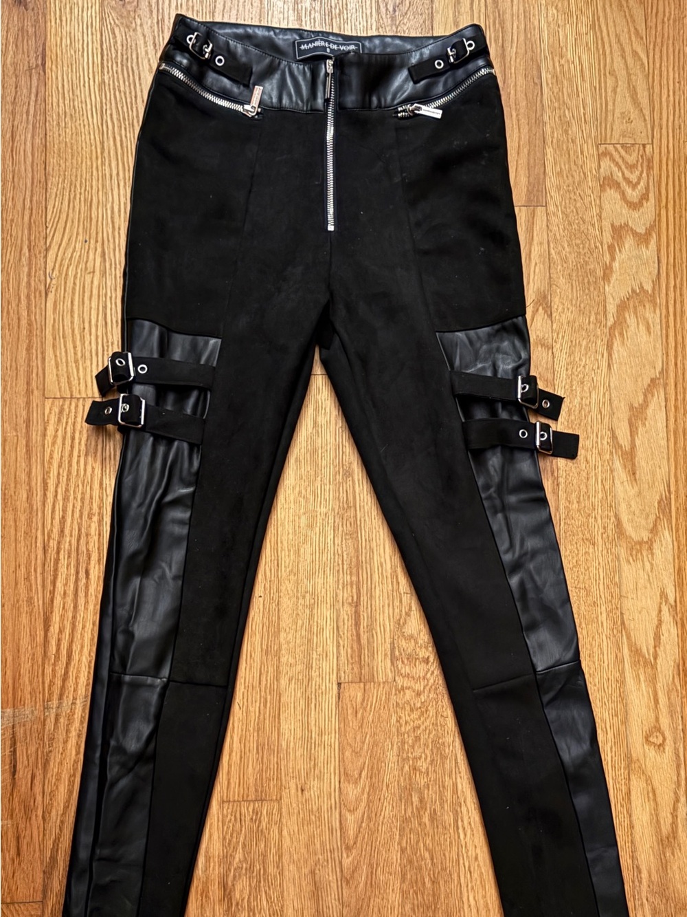 Faux Leather Panel Black Buckle Moto Leggings